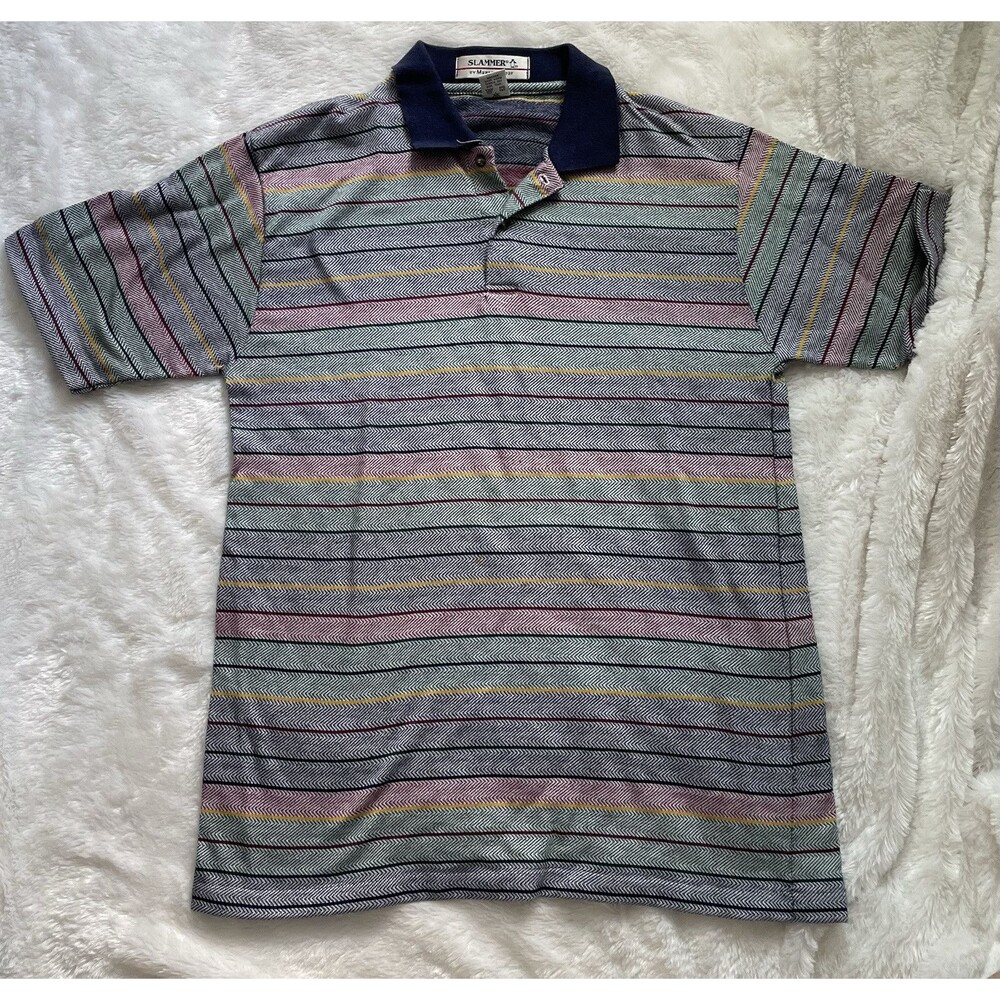Vintage 80s Slammer Men's L Striped Textured Polo Shirt, Munsingwear Retro